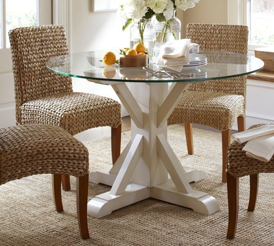 Ava Glass Top Fixed Pedestal Dining Table 48 Diam White Traditional Dining Tables