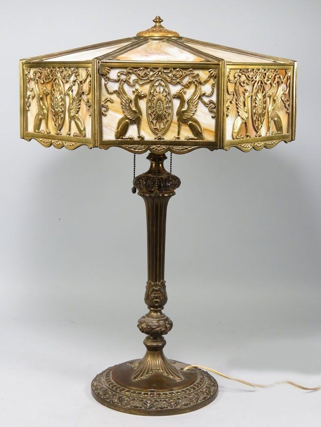 Brass griffin slag glass lamp