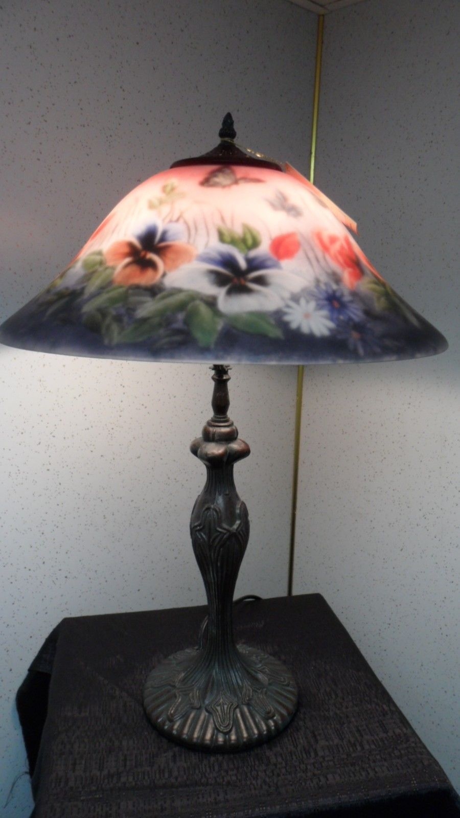Handel style reverse hand painted shade with antique finish base