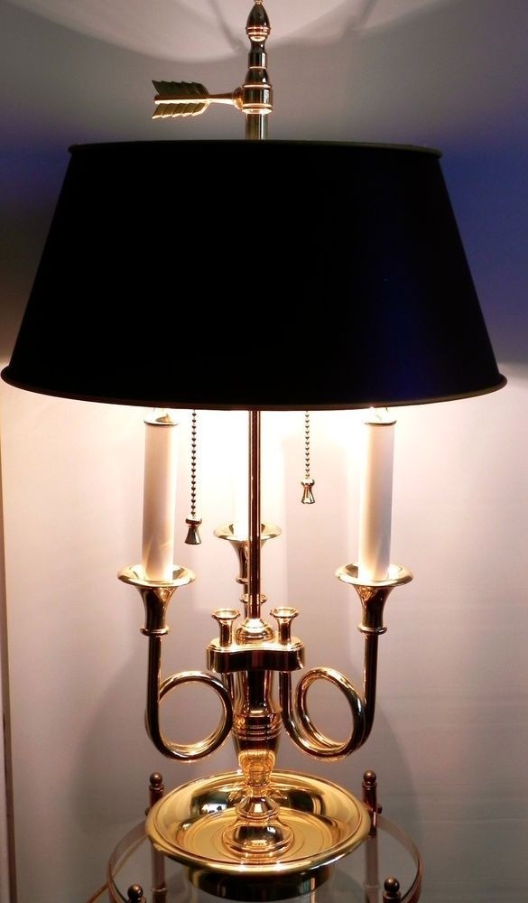 Baldwin Brass Trumpet French Horn 3 Arm Bouillotte Table Lamp Orig Shade Vtg