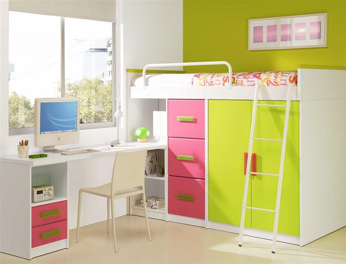 Bed with desk and storage