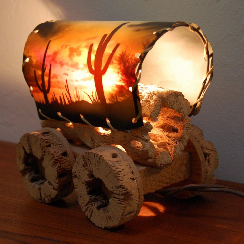 Vintage cactus covered wagon lamp