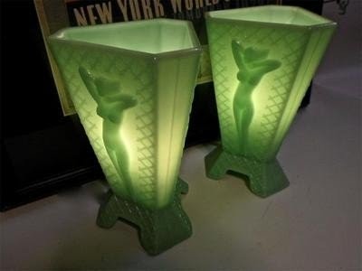 Art deco lady lamps fabulous pair of jadeite glass tri