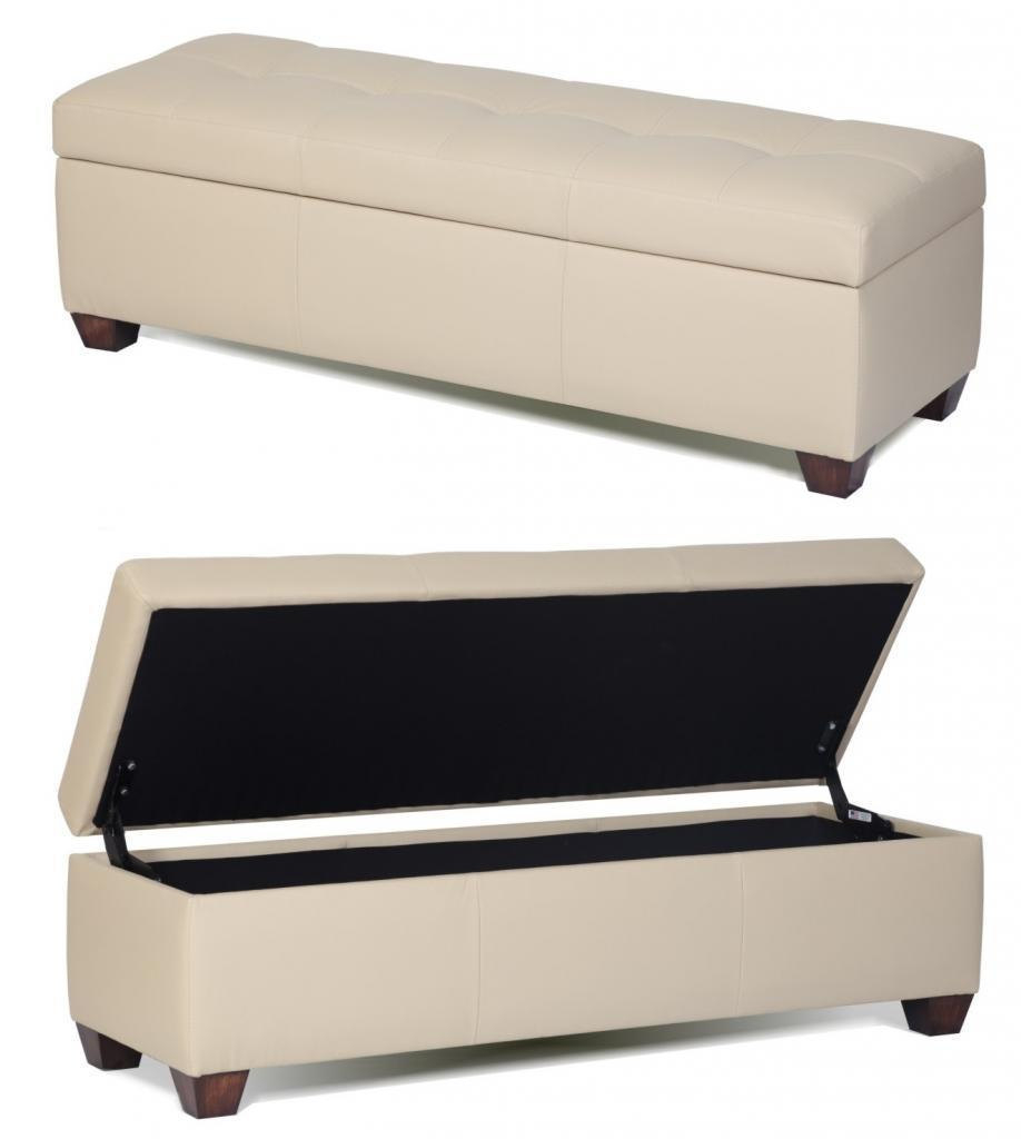 King size storage bench in bone genuine leather tufted ottoman
