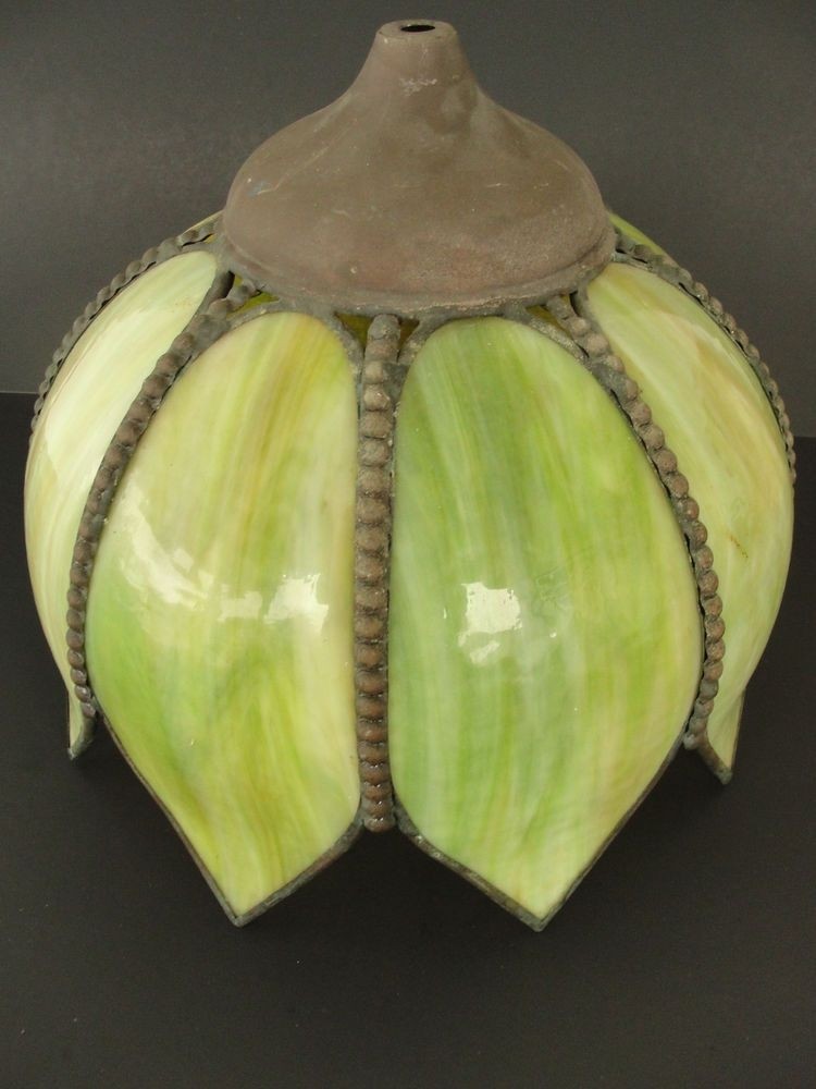 Vintage 8 panel green slag glass tulip shaped lamp shade