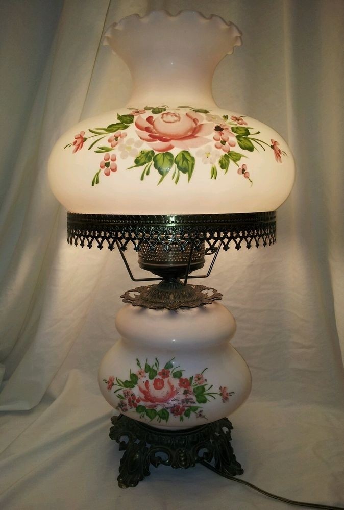 Vintage Victorian Gone With The Wind Parlor Oil Electric Rose Milk Glass Lamp