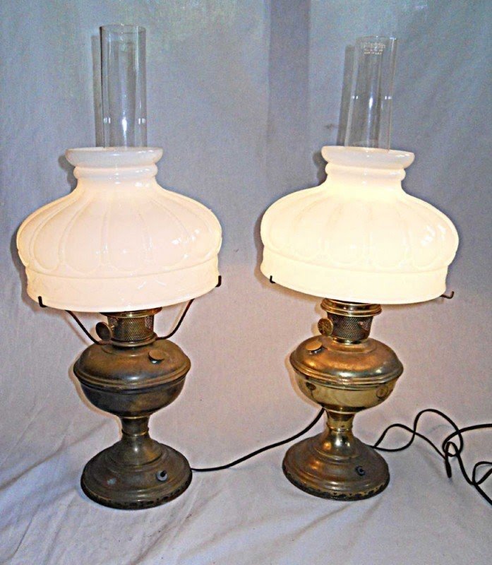Aladdin Lamps Vintage Brass Pair Oil Electric Original White Glass Shade Chimney