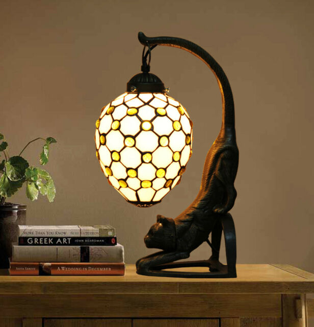 Makenier Vintage Tiffany Style Stained Glass White Bead Pattern Table Lamp with Cat Base, 6 Inches Closed Lampshade