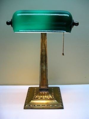 Antique Early 1900s Brass Green Cased Glass Shade Banker Library Lamp