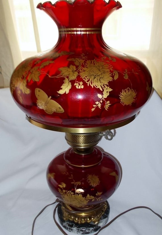 Fenton gwtw lamp ruby red glass gold