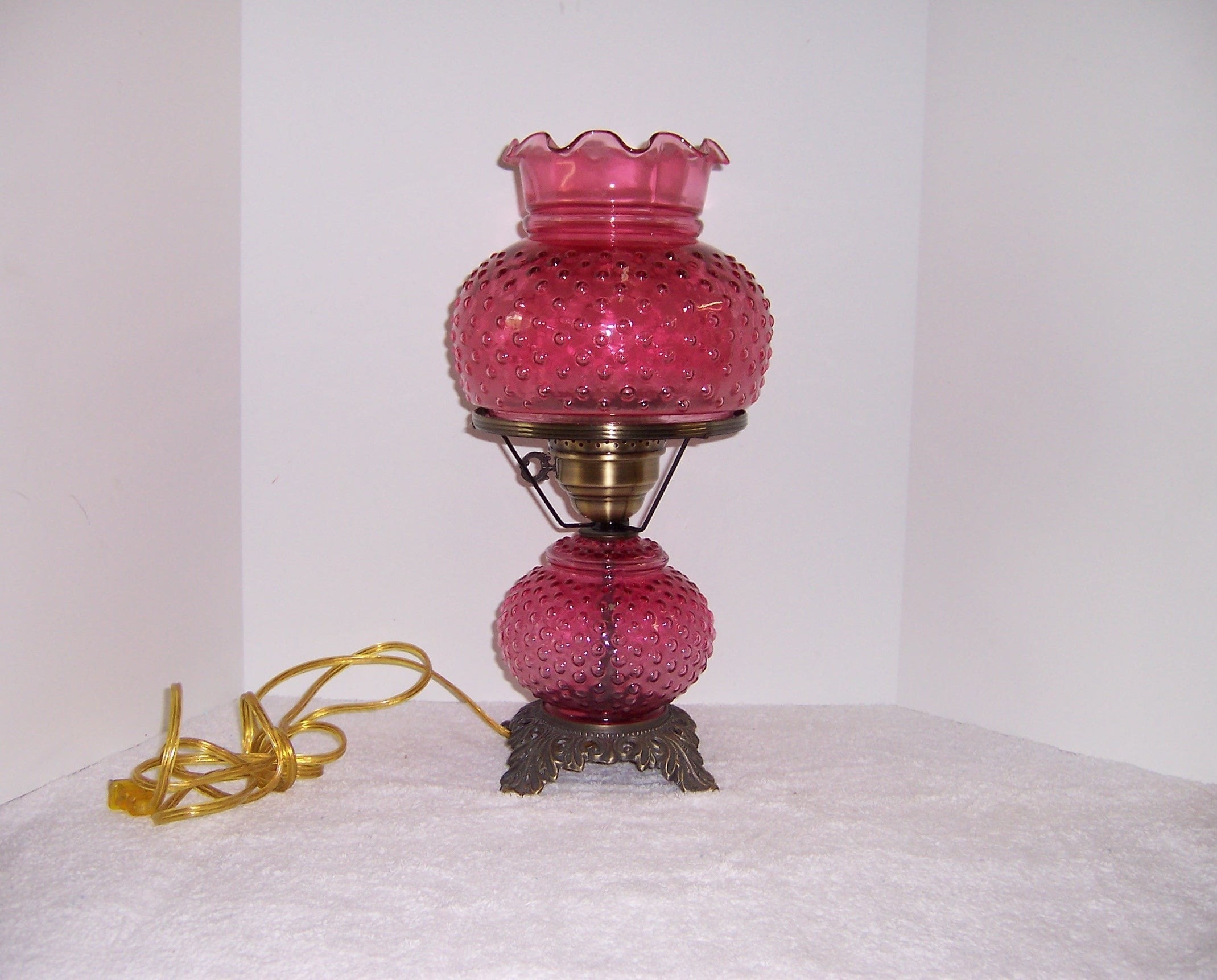 Fenton hobnail cranberry glass lamp