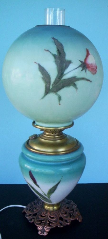 Rare antique pittsburgh brass and glass hand painted kerosene lamp