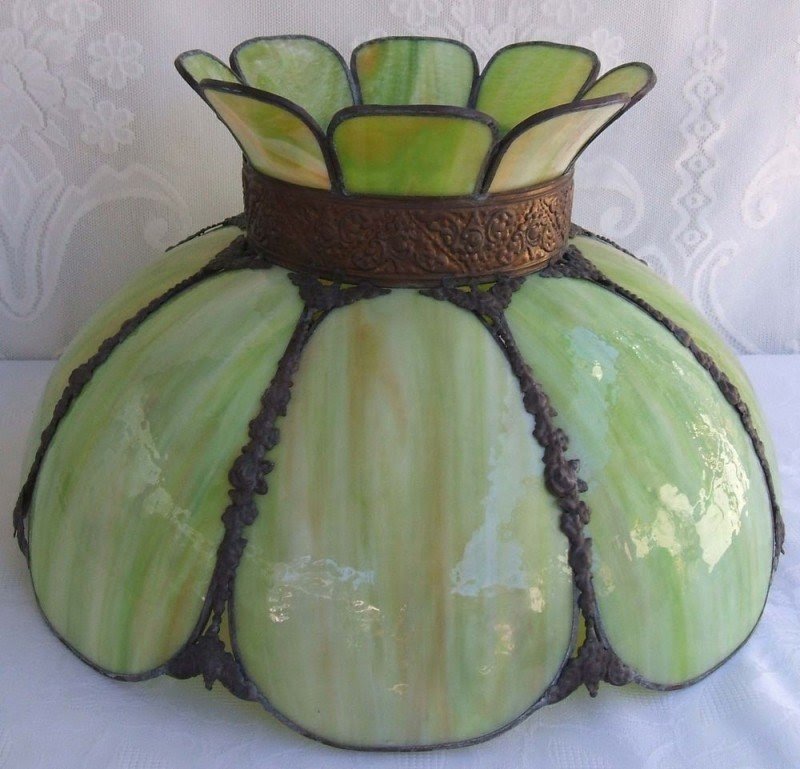 Rare antique stained slag glass lamp shade 8