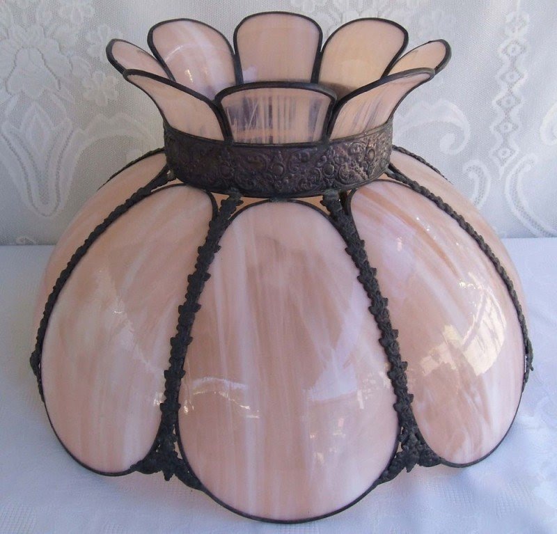 Rare antique stained slag glass lamp shade 9