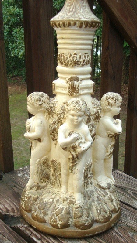 Antique Vintage Gold Gilt White Italian Ceramic 4 Putti Cherub Large Lamp