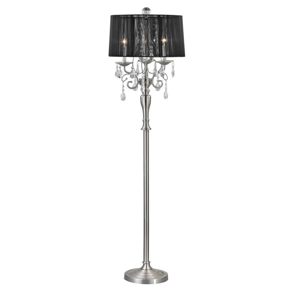 Crystal Chandelier Floor Lamp with Black Drum Shade in Satin Nickel