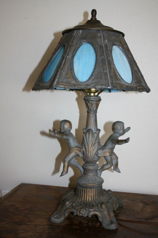 Gorgeous antique cast metal stained blue slag glass angel cherub
