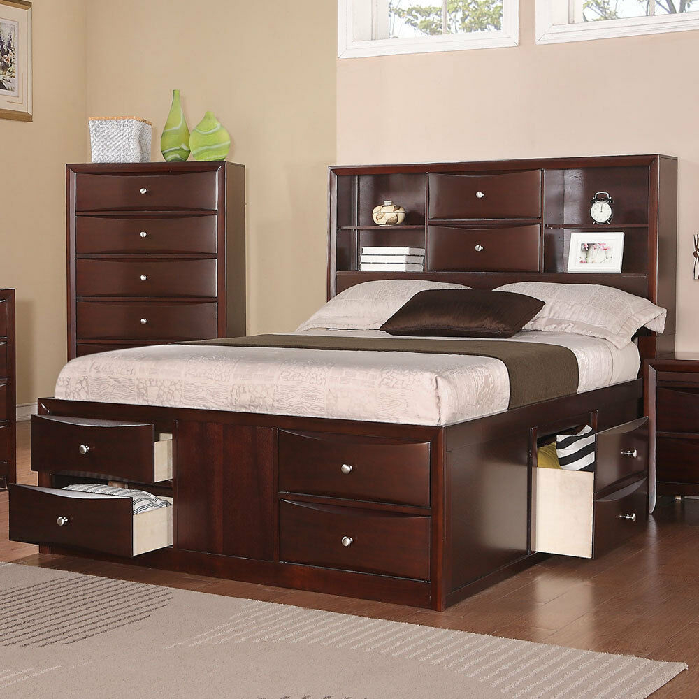 Modern espresso bookcase headboard queen king storage captains bed
