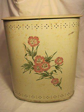 Vintage metal hand painted clothes hamper blue pink flowers toleware