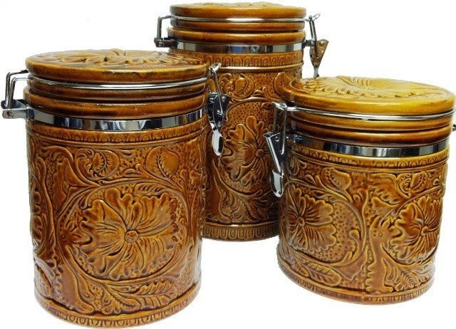 Western tooled belt 3 piece ceramic canister set