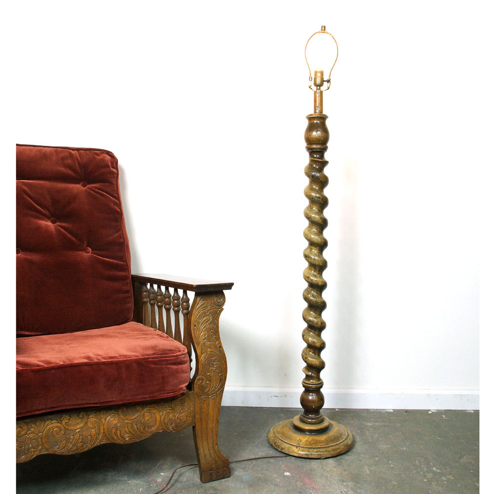Carved wood floor lamp vintage 1970s