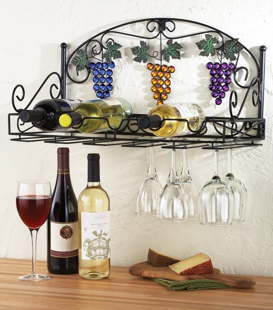 Kitchen wine glass bottle display shelf vineyard grape wall mount
