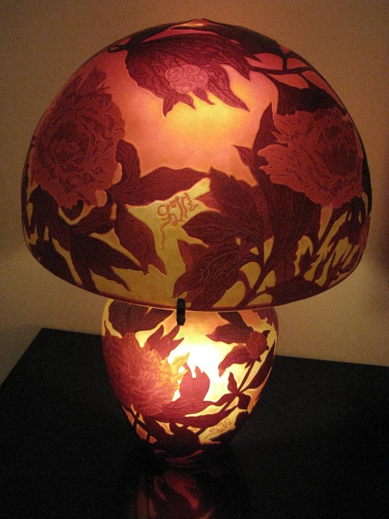 Large French Triple Overlaid Cameo Art Glass Table Lamp After Galle