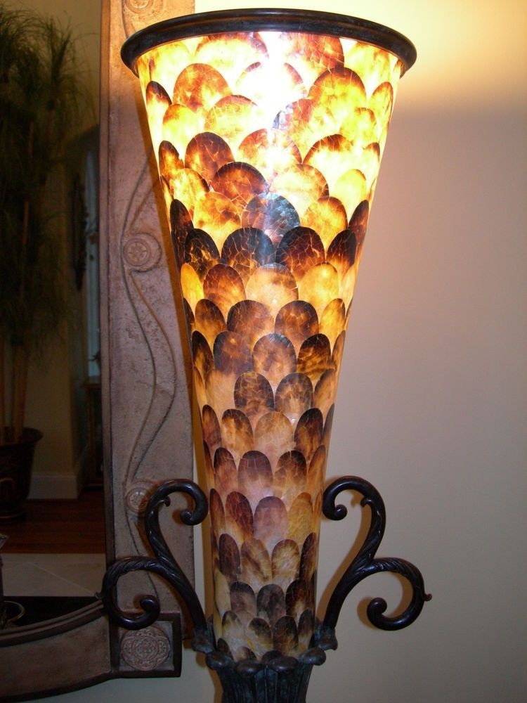 Maitland smith antique brass black lipshell tabletop torchiere table lamp