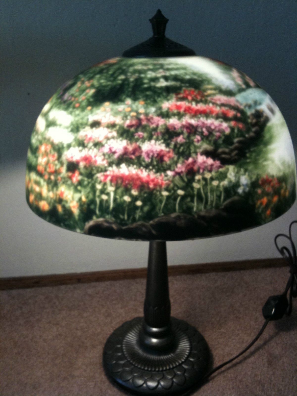 Thomas kinkade painting reverse painted glass lamp nwot
