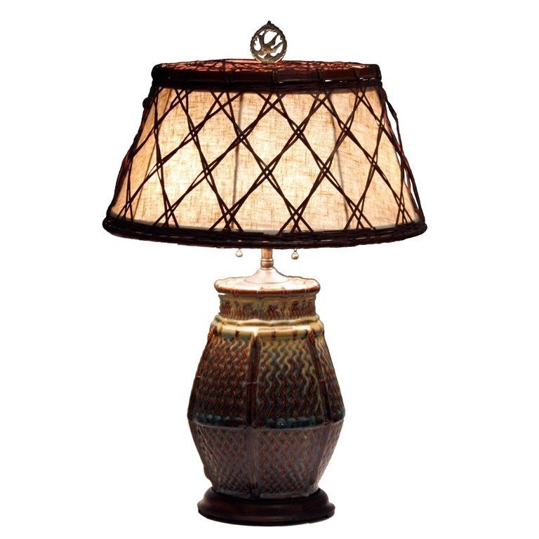 Antique japanese art pottery lamp period woven bamboo shade