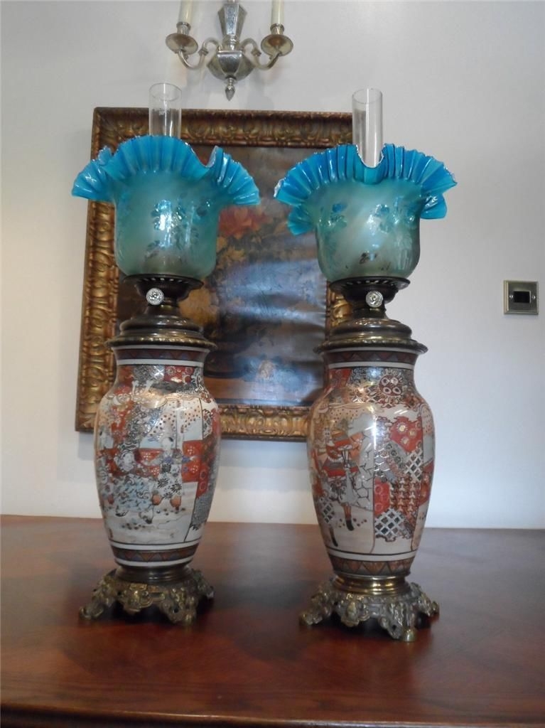 Rare Pair Of Original Antique 1880 Japanese Satsuma Bronze Banquet Oil Lamps