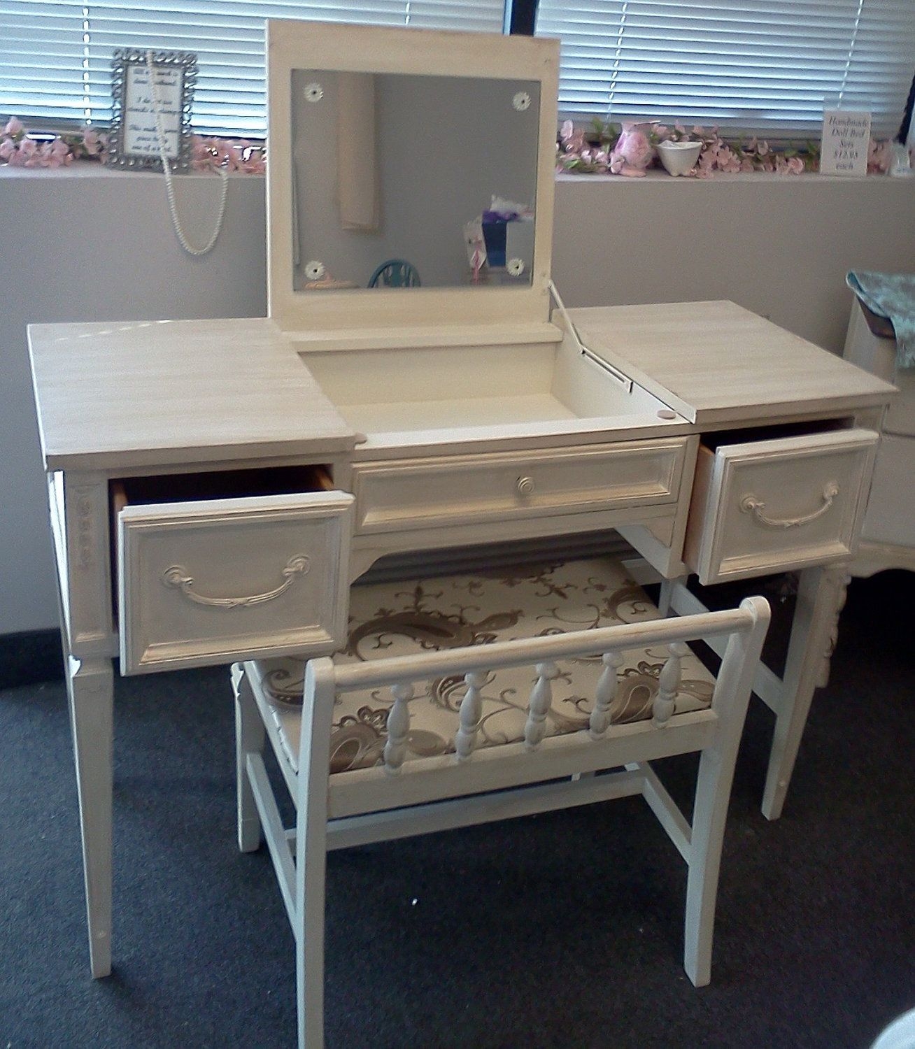 Painted vintage flip top vanity w bench