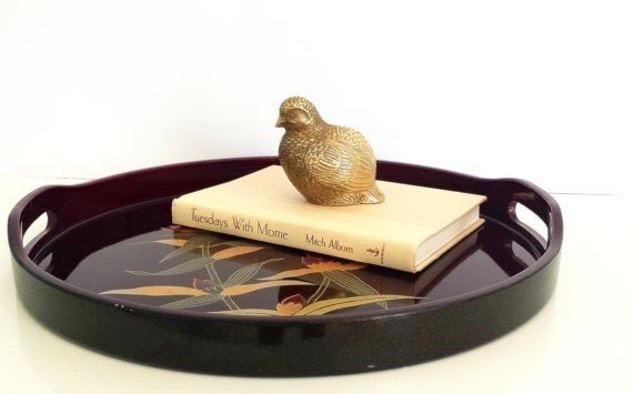 Asian lacquer tray dark brown gold floral flea by currentclassic