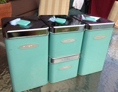Rare Mid Century Masterware Vtg 1950s Tiffany Blue Chrome Kitchen Canister Set