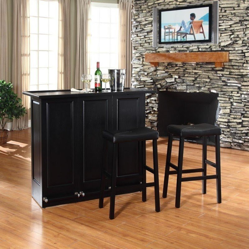 Crosley Mobile Folding Bar In Vintage Mahogany With 29 Upholstered Saddle Stool In Mahogany