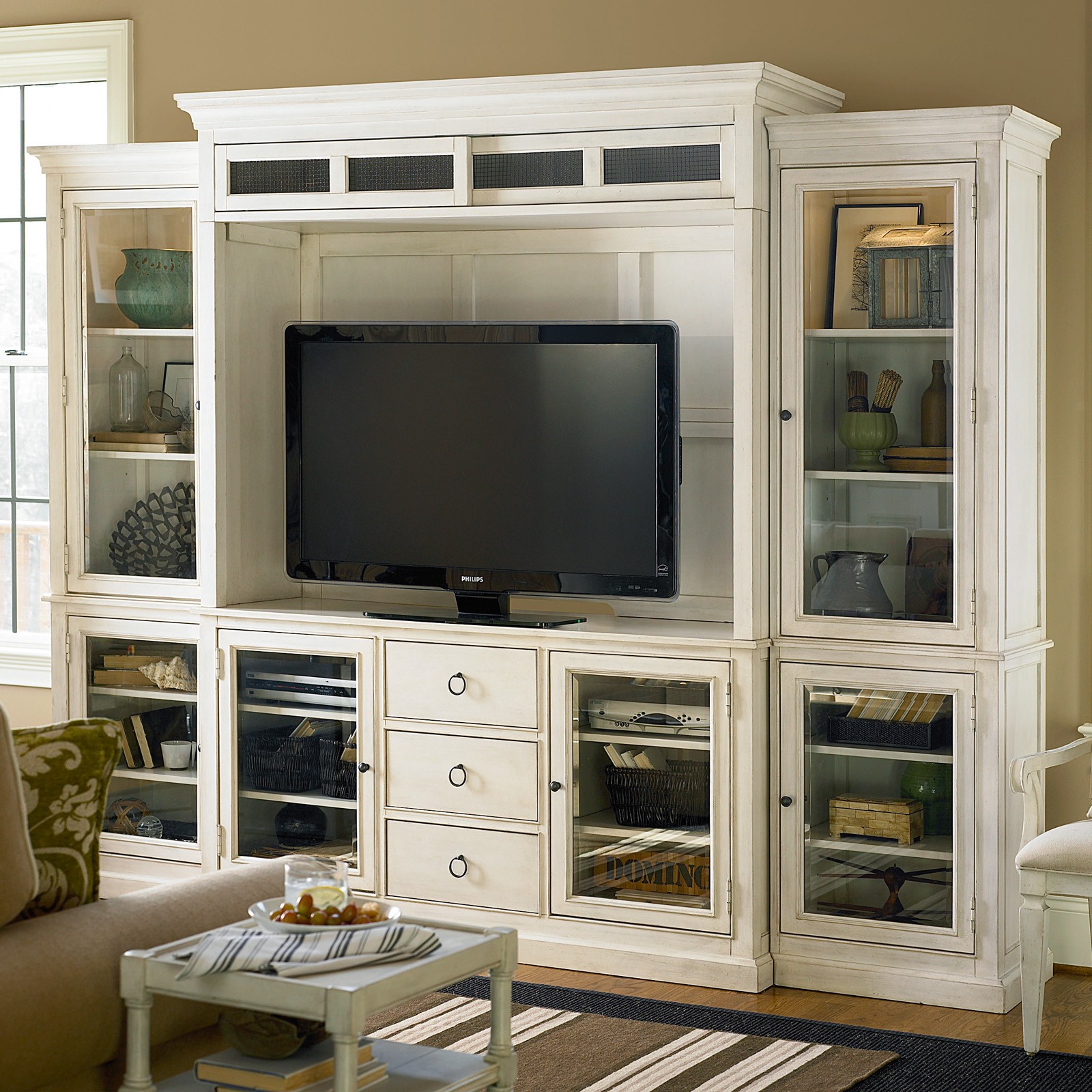 Distressed white entertainment center