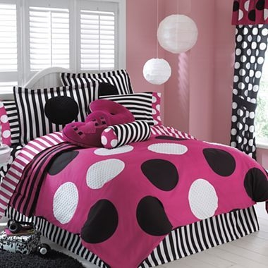 Full Double Size Pink Black Dots Comforter Sheets Girl Teen Modern Bed In A Bag