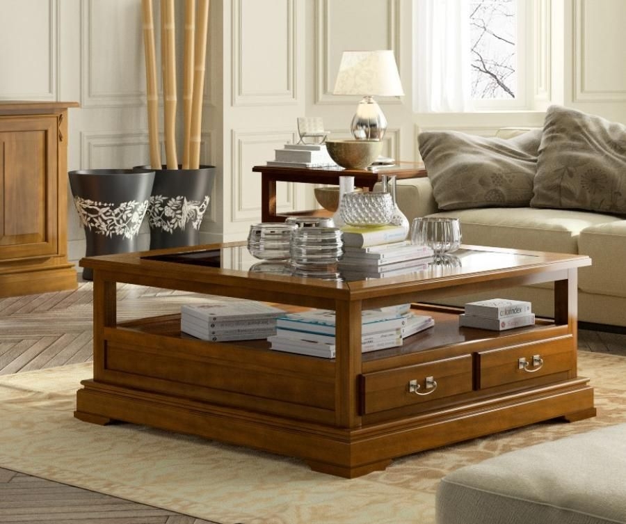 Maison Solid Wood Square Glass Top Coffee Table