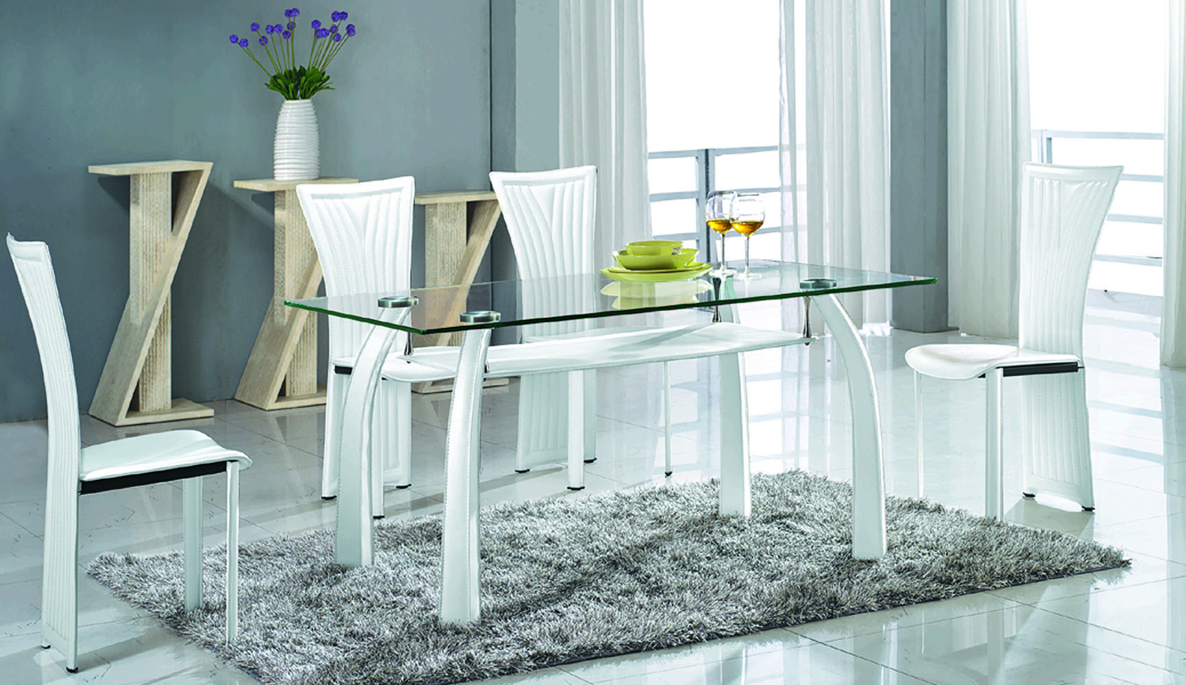 Ramona rectangular dining table with glass top and metal pvc