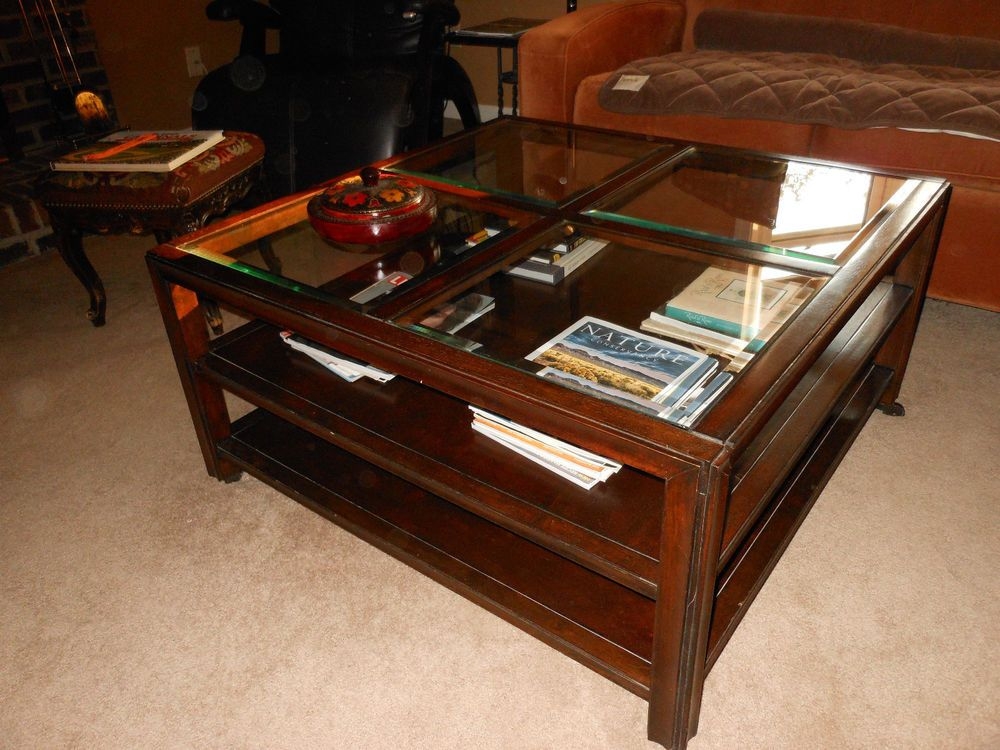 Solid wood glass square display coffee table with shelves