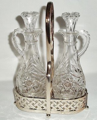 Vintage cruet oil and vinegar set clear glass with caddy