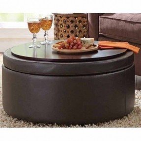 Black leather round ottoman