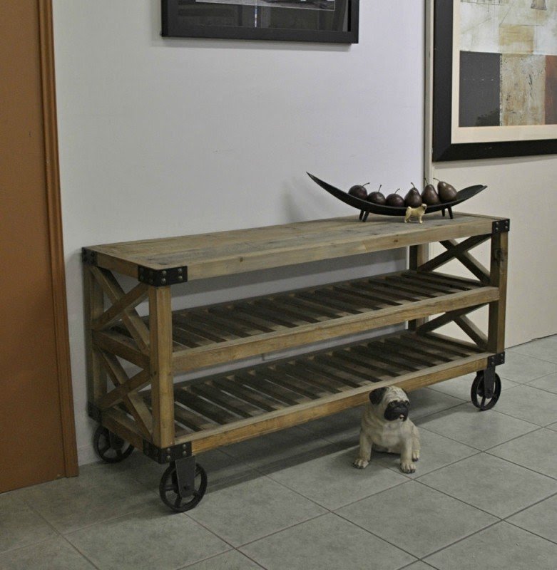 Industrial Recycled Timber Hall Console Display Table Wine Rack Studs Wheels