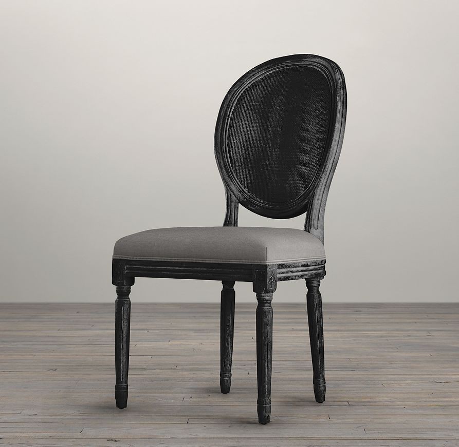 Vintage french cane back round upholstered side chair fabric arm