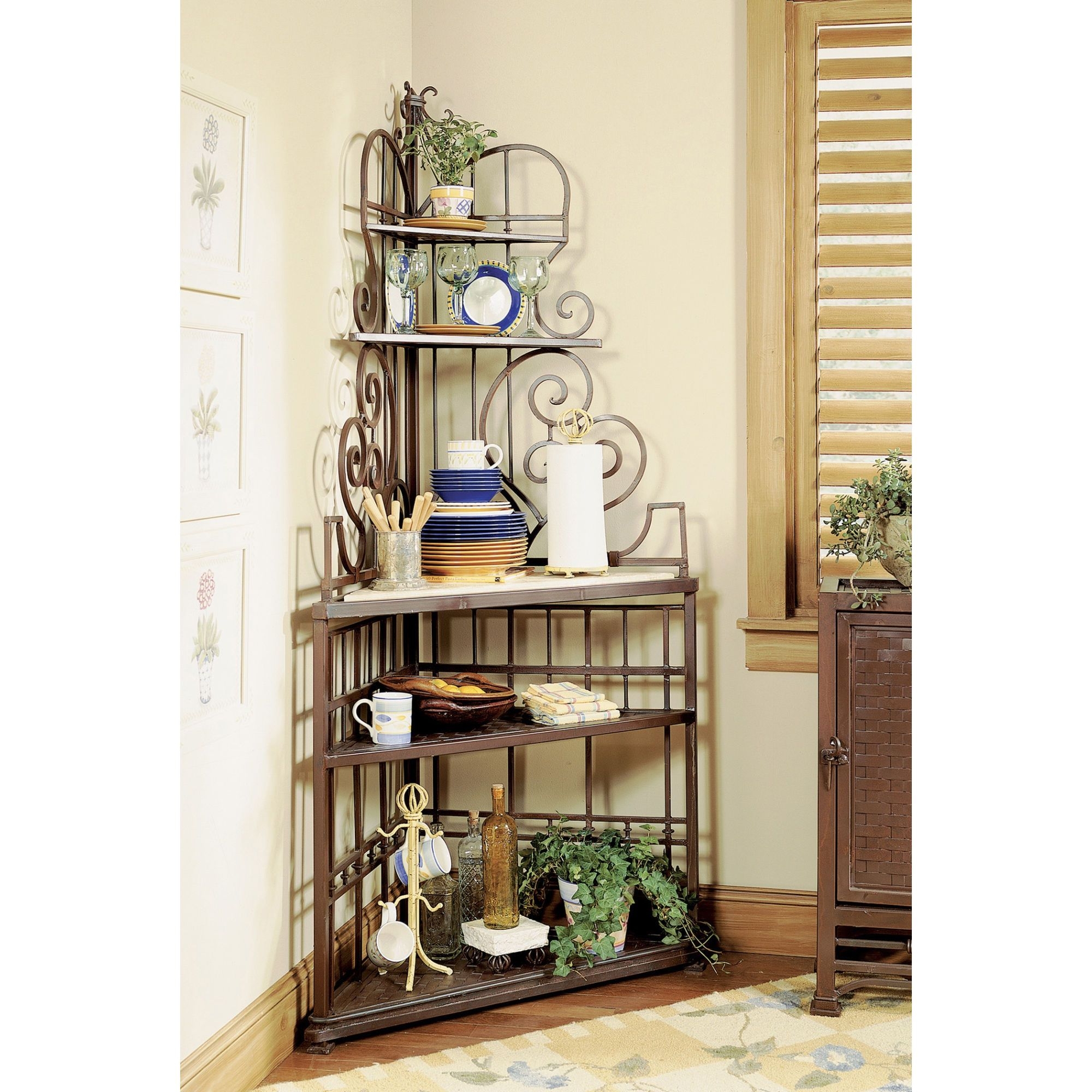 Scrolled corner bakers rack 1