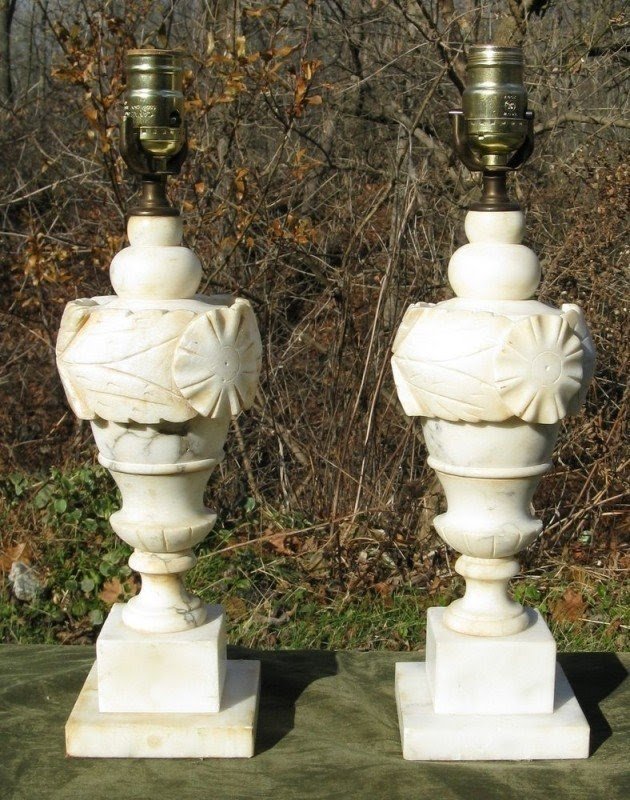 Vintage antique pair 16 carved alabaster marble lamps italy
