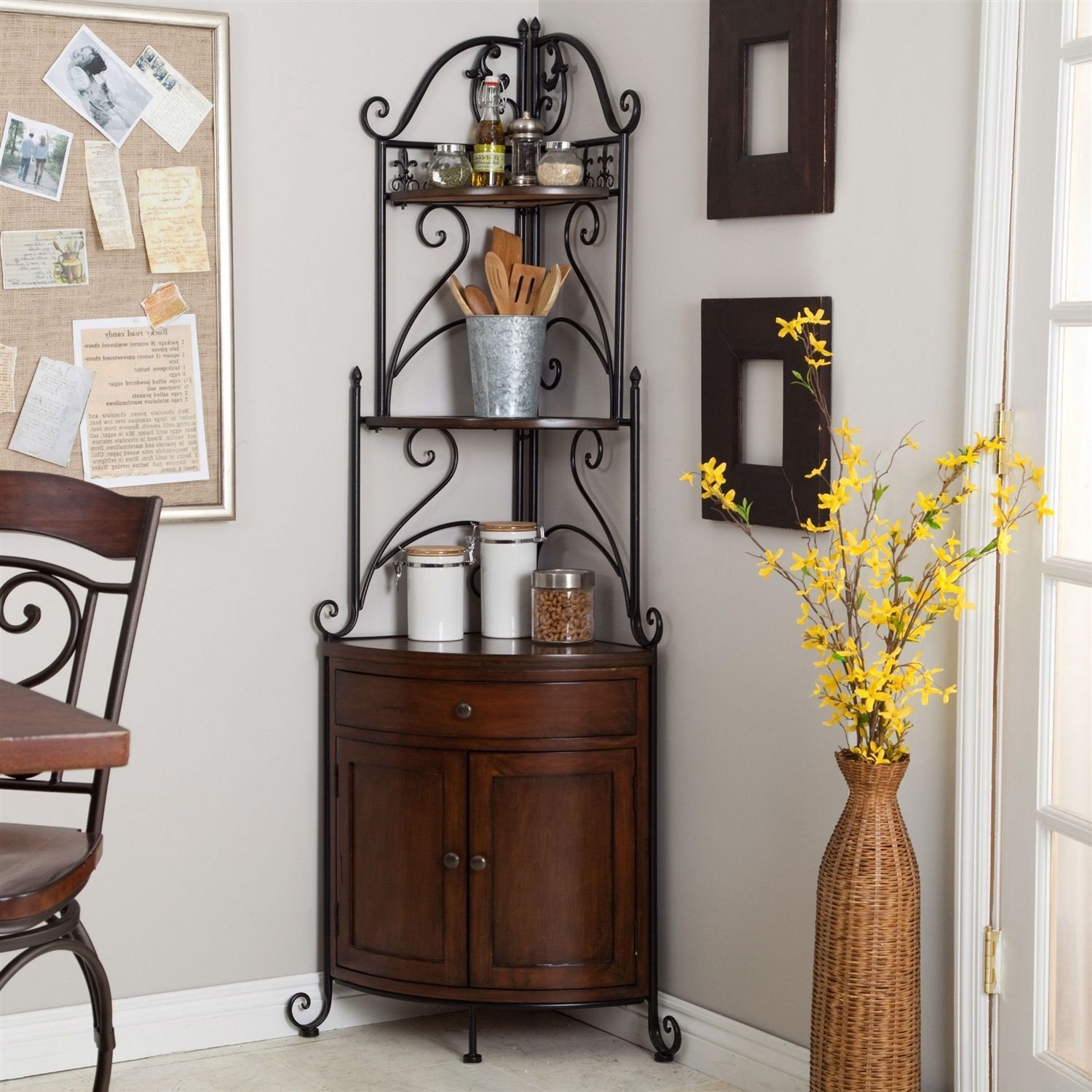 Charming portica corner kitchen bakers rack cabinets image
