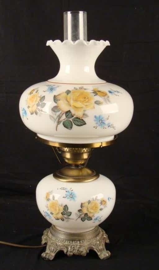 Large vintage white glass floral hurricane lamp