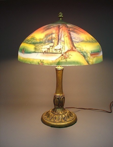 184 reverse painted scenic landscape glass shade lamp