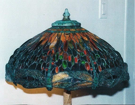 22 tiffany dragonfly stained glass lamp reproduction displayed on a